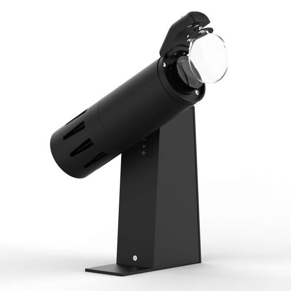 Goboprojektor PHOS move mit 4-fach-Prisma, von Derksen Lichttechnik, Gehäusefarbe schwarz, Ansicht von vorne