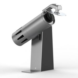 Goboprojektor PHOS move mit Rundspiegel, von Derksen Lichttechnik, Gehäusefarbe silbern, Vorderseite