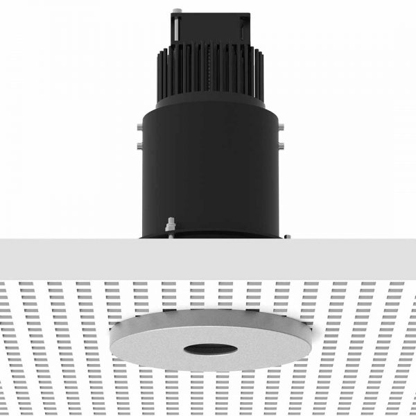 Kompakter Gobo Projektor für Deckeneinbau, von Derksen Lichttechnik, Gehäusefarbe silbern