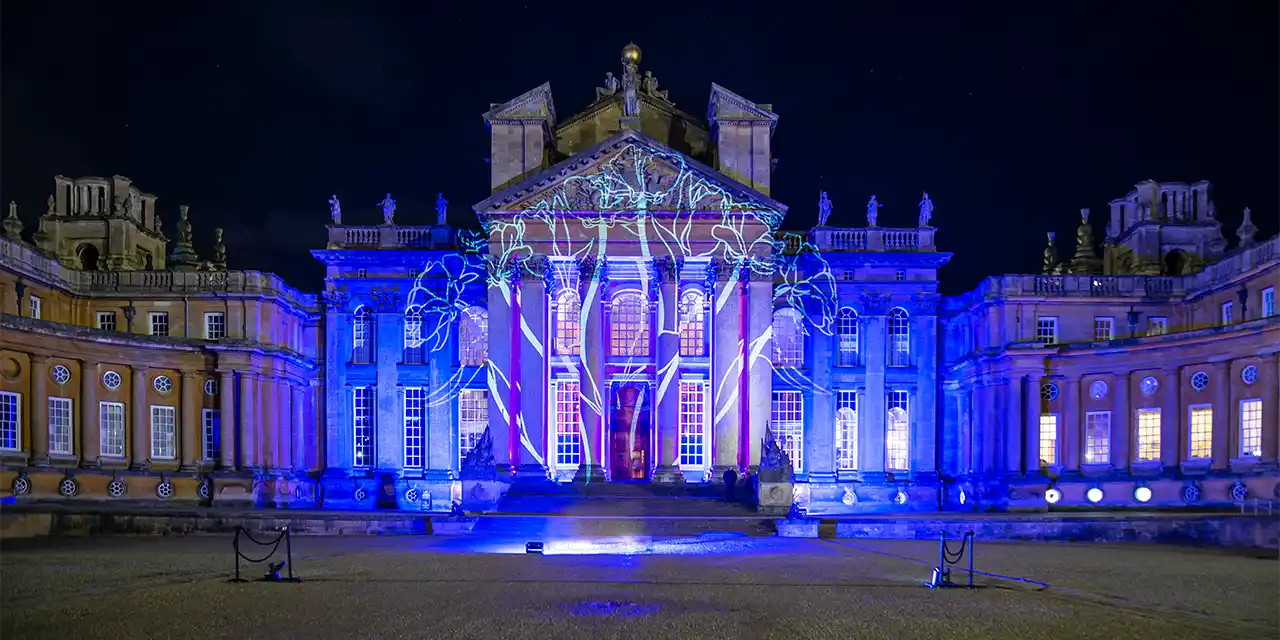 Portal with columns at Blenheim Palace, projected artwork by Hugo Dalton